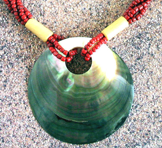 Red Beaded Large Shell Necklace - Natural Artist